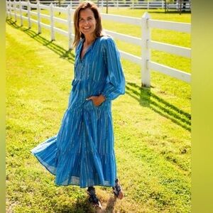 Oliphant Rio Dress Metallic Stripe Tiered Midi Tassel Tie Long Sleeve Small